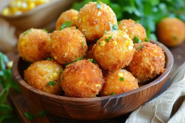 Sticker - Delicious fried corn balls sprinkled with herbs, served in a rustic bowl. Perfect for appetizers