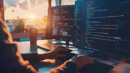 Programmer working on multiple computer screens with code and a coffee cup during sunset, highlighting technology and development concept.