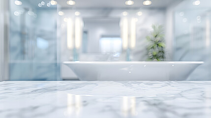 Poster - Blurred bathroom background and  Marble counter table top  can be used mock up for montage products display or design layout : Generative AI