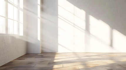 Aufkleber - Modern sunny empty loft room with white wall and wooden floor 3D Render : Generative AI