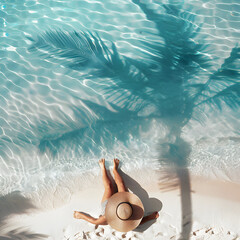 Wall Mural - Aerial view of girl sitting with hat on a white sandy coast, blue ocean and shadows from palm leaves. 