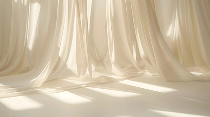 Poster - Minimalistic abstract gentle light beige background for product presentation with light and shadow of window curtains on wall : Generative AI