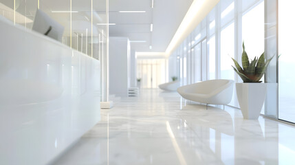 Fototapete - Blurred hotel or office building lobby blur background interior view toward reception hall modern luxury white room space with blurry corridor and building glass wall window : Generative AI