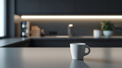 Poster - Beautiful coffee cup on island or table countertop in modern home kitchen Dark grey kitchen design  detail of interior : Generative AI