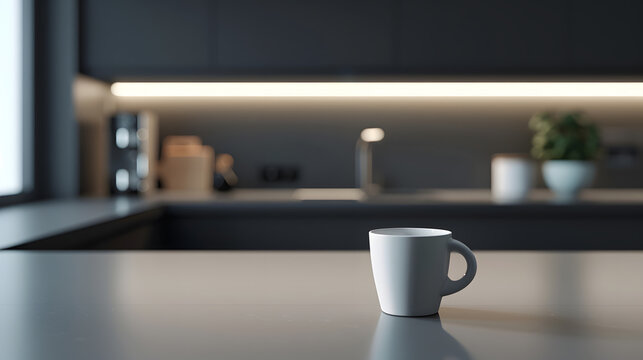 Beautiful coffee cup on island or table countertop in modern home kitchen Dark grey kitchen design  detail of interior : Generative AI