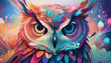 Fototapeta  - Abstract animal Owl portrait with colorful double exposure paint