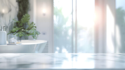 Leinwandbilder - Blurred bathroom background and  Marble counter table top  can be used mock up for montage products display or design layout : Generative AI