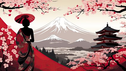 Wall Mural - Graceful Elegance: Woman in Red Kimono Admiring Mountain Vista