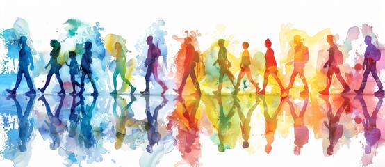 Wall Mural - Colorful group of people walking together, watercolor illustration on white background, rainbow color palette, reflection effect, vector art style