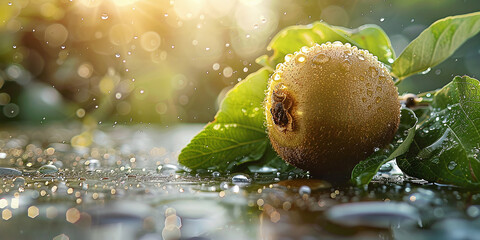 Wall Mural -  kiwi fruit on a table with leaves and droplets of water on its surface
