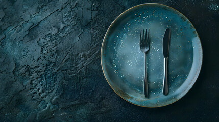 Aufkleber - Empty ceramic plate on dark textured concrete background Cutlery on the kitchen table : Generative AI