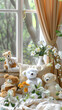 modern minimalist house interior with lots of soft stuffed animals on tabs and flowers