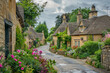© grey - A quaint English countryside village with charming thatched cottages, cobblestone streets, and blooming flower gardens