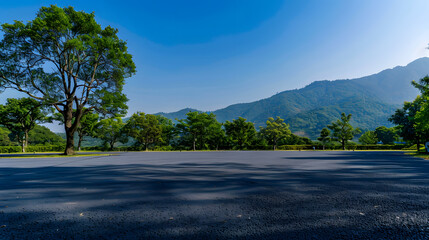 Poster - Asphalt road square and green forest with mountain natural landscape under blue sky : Generative AI
