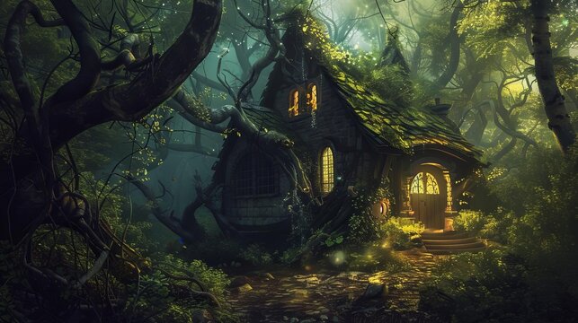 mysterious goblin house nestled in dark forest fantasy digital painting