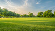 © Generative AI - Background texture of clean and wellmaintained grass lawn with a variety of trees in the background against beautiful sky Vacant ground or empty unpowered campsite in a park Copy space : Generative AI