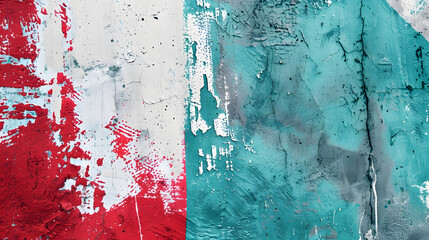 Closeup of colorful teal gray and red urban wall texture with white white paint stroke Modern pattern for design Creative urban city background Grunge messy street style background wit : Generative AI