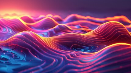 Wall Mural - 3d Futuristic Digital Landscape Featuring Vibrant Wavy Lines in Neon Colors