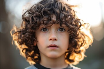 Wall Mural - Portrait of a young, curly-haired child with a serene expression bathed in soft golden sunlight