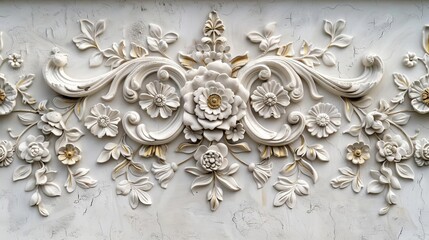 Wall Mural - ornate plaster wall texture with embossed floral motifs and golden accents decorative background photo