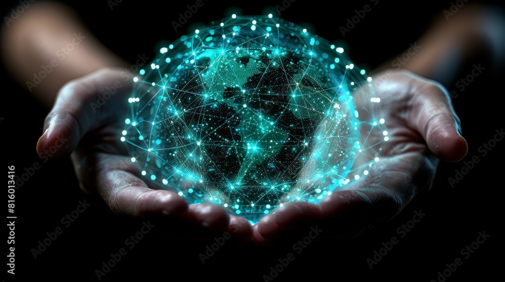 Digital technology background with human hands holding a virtual earth ...