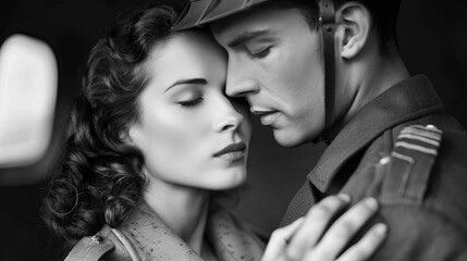 passionate wwii soldier and glamorous woman embracing in emotional farewell vintage black and white portrait