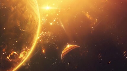 planets orbiting a bright glowing sun in deep space astronomy concept digital painting