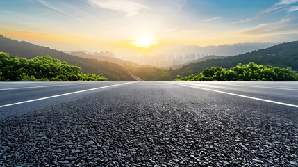 Poster - Asphalt road and green mountains with city skyline landscape at sunrise high angle view : Generative AI
