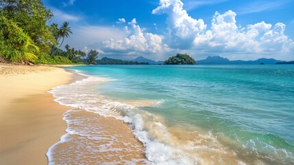 Ocean waves crash on beach next to tropical forest palm trees small island white clouds blue sky mountain range horizon