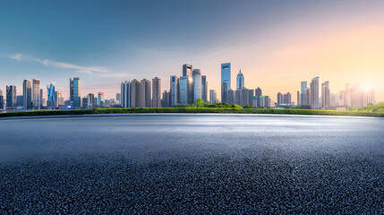 Poster - Panoramic skyline and modern commercial buildings with empty road Asphalt road and cityscape at sunrise : Generative AI
