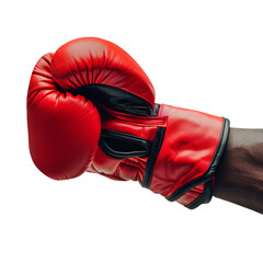 Wall Mural - A hand in a boxing glove isolated on a white or transparent background. The hand of an athlete in a red boxing glove, close-up. Graphic design element on the theme of sports.