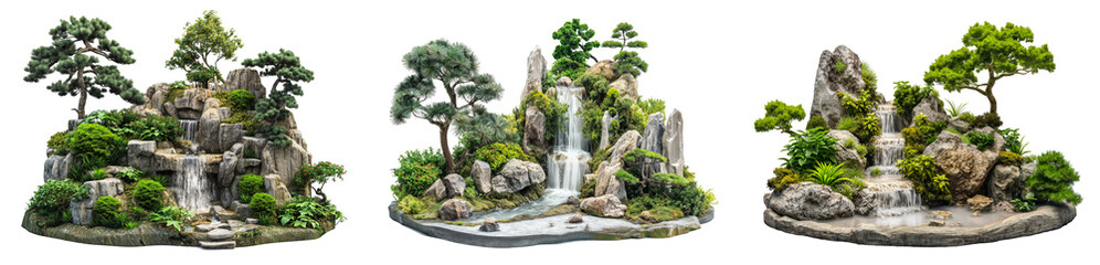 Wall Mural - collection of garden designs with small waterfall and rockery surrounded with green plants isolated 