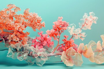 Wall Mural - 3D render of an abstract surreal plastic sculpture with coral branches and sea plants in pink and orange pastel colors on a turquoise background.