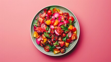 A vibrant salad featuring a mix of colorful tomatoes, red onions, and fresh greens, arranged beautifully on a round plate against a pink background