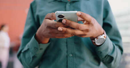 Aufkleber - Hands, business and man with a smartphone, typing and connection with network, internet and social media. Person, closeup and employee with a cellphone, technology and mobile user with digital app