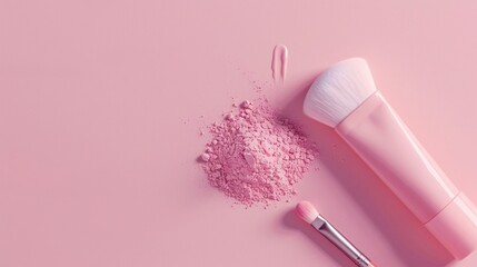 A flat lay of pink makeup products on a pastel pink background. Includes a pile of pink powder, a makeup brush, and a small applicator. The scene is minimalistic and aesthetically pleasing