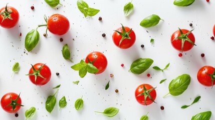 Canvas Print - Cherry tomatoes and basil on a clean white backdrop