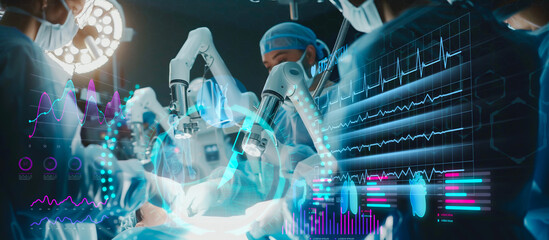 surgical robot and remote control hospital equipment as wide banner design with information hologram