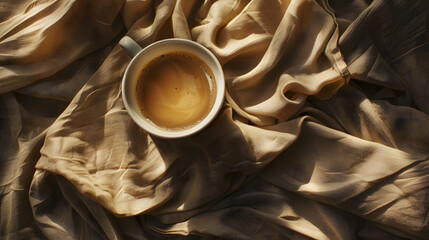 Poster - Coffee cup vintage style photographed from above on a background of new brown clothes : Generative AI