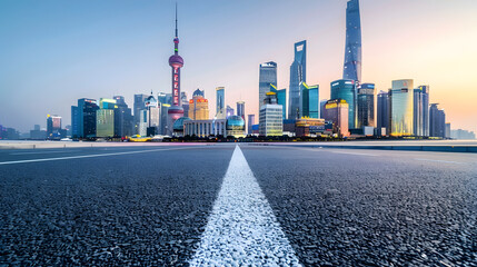 Fototapete - Asphalt road square and city skyline with modern buildings at dusk in Shanghai Famous Bund landmark in Shanghai : Generative AI