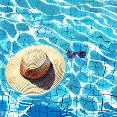 Wall Mural - Relaxing, sunbathing at resort swimming pool. Straw hat, sunglasses at poolside. 