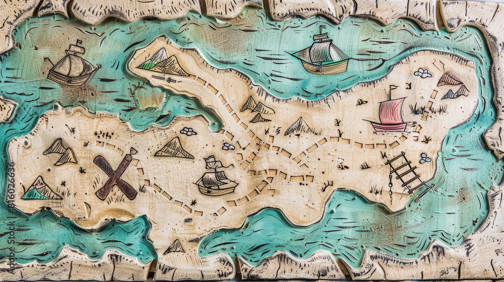 Antique Treasure Map Illustration with Ships and Island Details ...