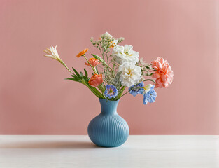 Poster - A blue vase with beautiful flowers over a dusky pink wall