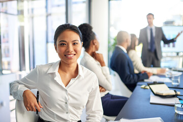 Leinwandbilder - Woman, employee and smile on portrait in boardroom with pride for career grow and opportunity as accountant. Female person, people and office for business presentation with statistics for feedback
