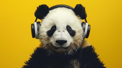 Wall Mural - stylish panda wearing headphones bright yellow background bold contrast digital art