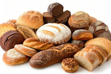 Poster - Assorted artisan bread collection in a variety of flavors and ingredients, including wholegrain, rye, sourdough, and multigrain, freshly baked and isolated on a white background