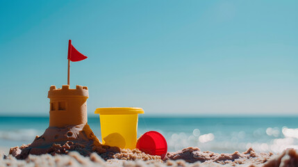 A simple, small sand castle is shown in the foreground with a blue sea background. The sand castle has a flag toy and bucket placed near it on the sunny beach day