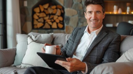 Poster - Smiling Man with Tablet at Home