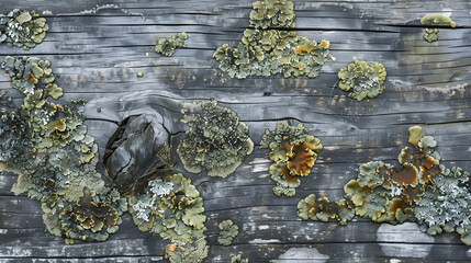 Poster - Lichen on Wood texture background Closeup of an old rough wood vertical background texture with lichens : Generative AI