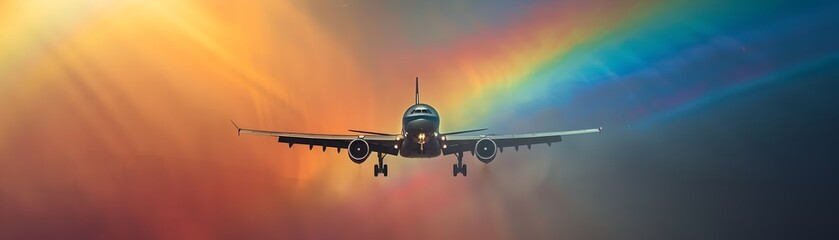 Wall Mural - Airplane Soaring Through Vibrant Rainbow Filled Skies Rare Atmospheric Phenomenon